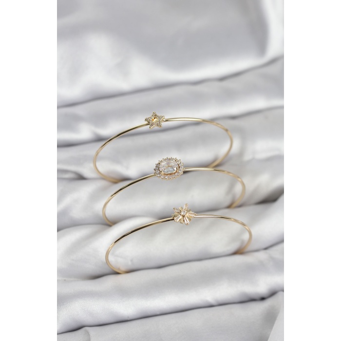 Zirkon Taşlı Gold Renk Tek Taş Model 3lü Kadın Bileklik Kombini -