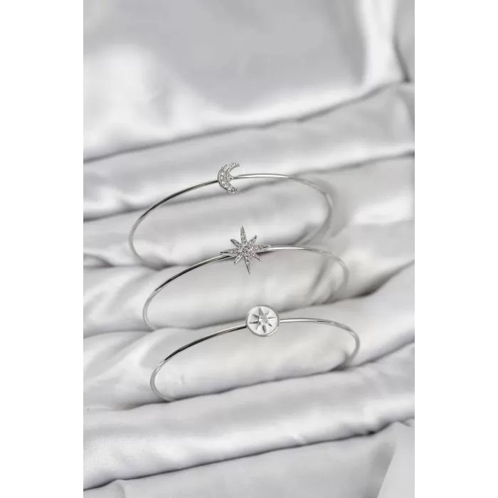 Gümüş Renk Zirkon Taşlı Kutup Yıldızı Model 3lü Kadın Bileklik Kombini