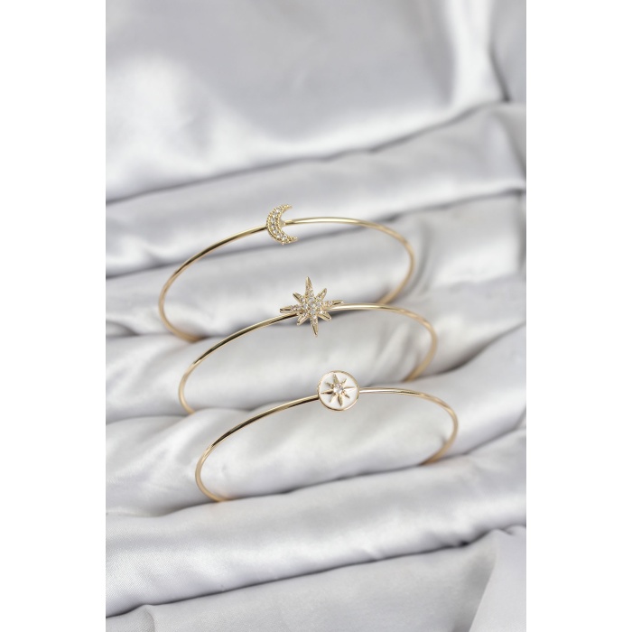 Gold Renk Zirkon Taşlı Kutup Yıldızı Model 3lü Kadın Bileklik Kombini -