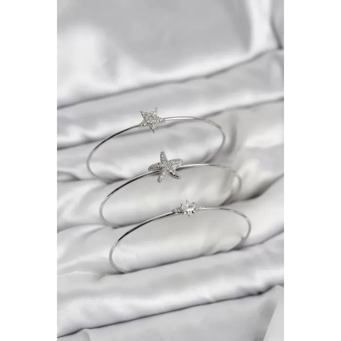 Gümüş Renk Zirkon Taşlı Deniz Yıldızı Model 3lü Kadın Bileklik Kombini