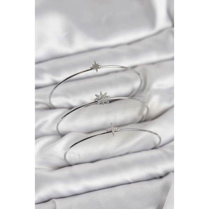 Zirkon Taşlı Kutup Yıldızı Model Gümüş Renk 3lü Kadın Bileklik Kombini -