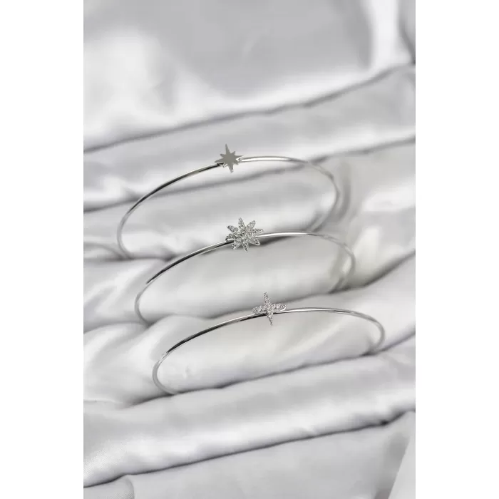 Zirkon Taşlı Kutup Yıldızı Model Gümüş Renk 3lü Kadın Bileklik Kombini