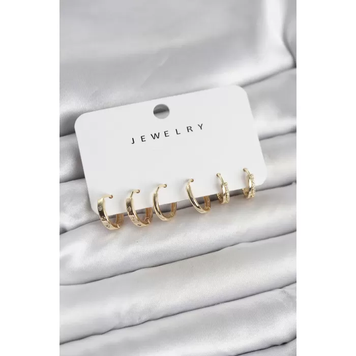 Gold Renk Pirinç 3 Çift Kadın Küpe Seti