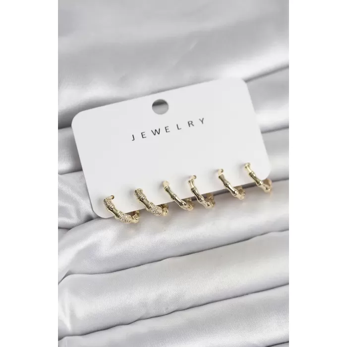 Gold Renk Pirinç Kemik Model 3 Çift Kadın Küpe Seti