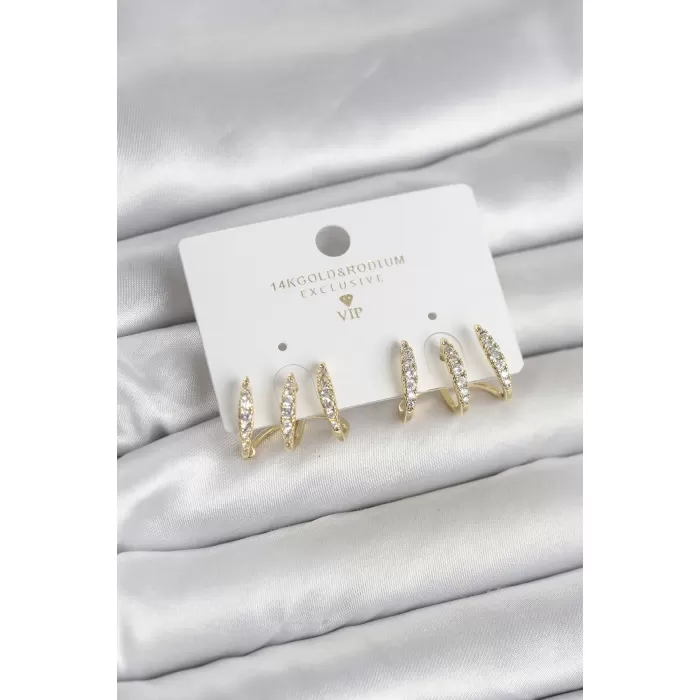 Gold Renk Pirinç Zirkon Taşlı Kadın Küpe