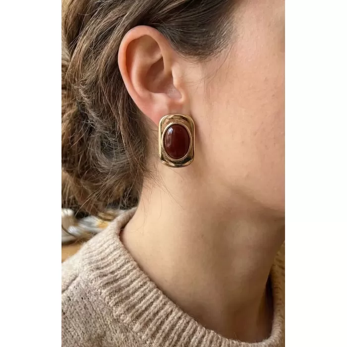 Kahverengi Renk Kare Model Vintage Kadın Küpe