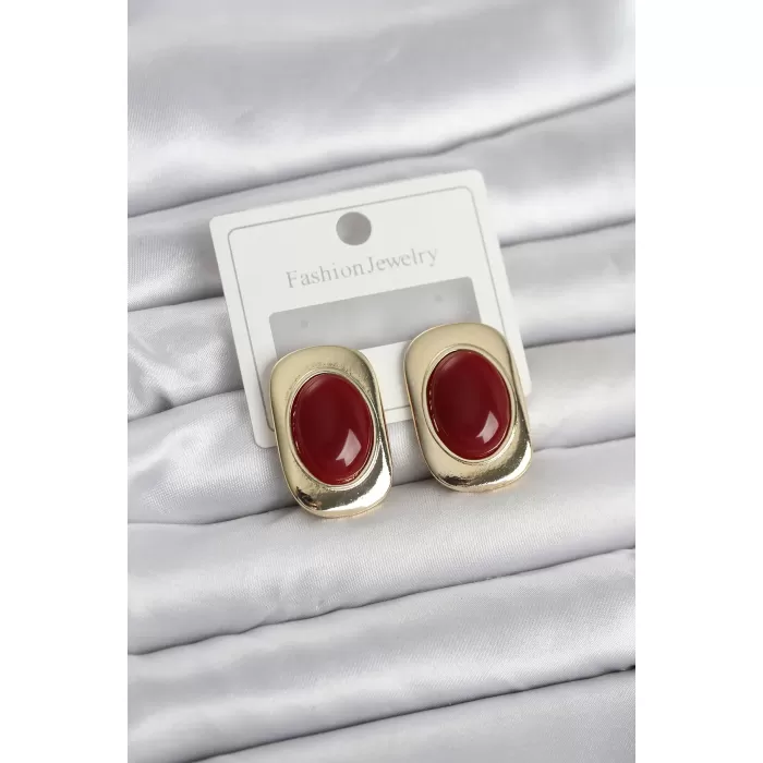 Bordo Renk Kare Model Vintage Kadın Küpe