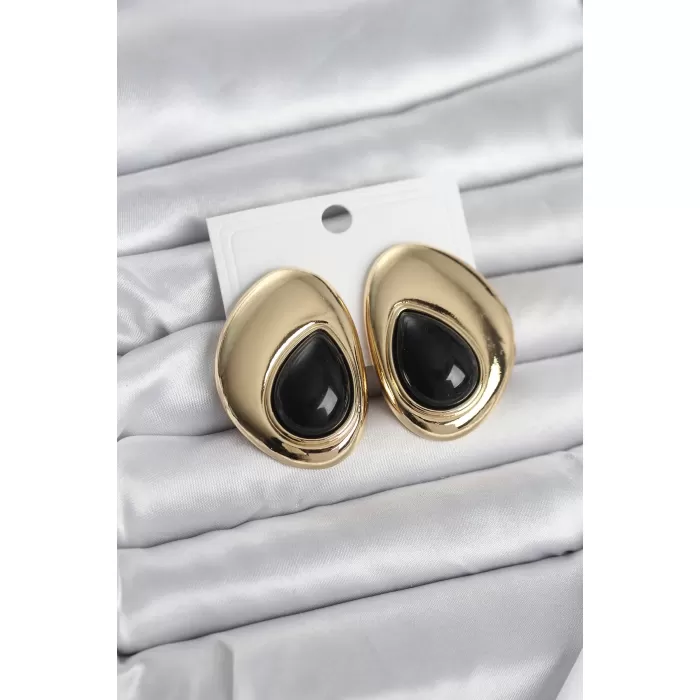 Pirinç Gold Renk Siyah Taşlı Damla Model Vintage Kadın Küpe