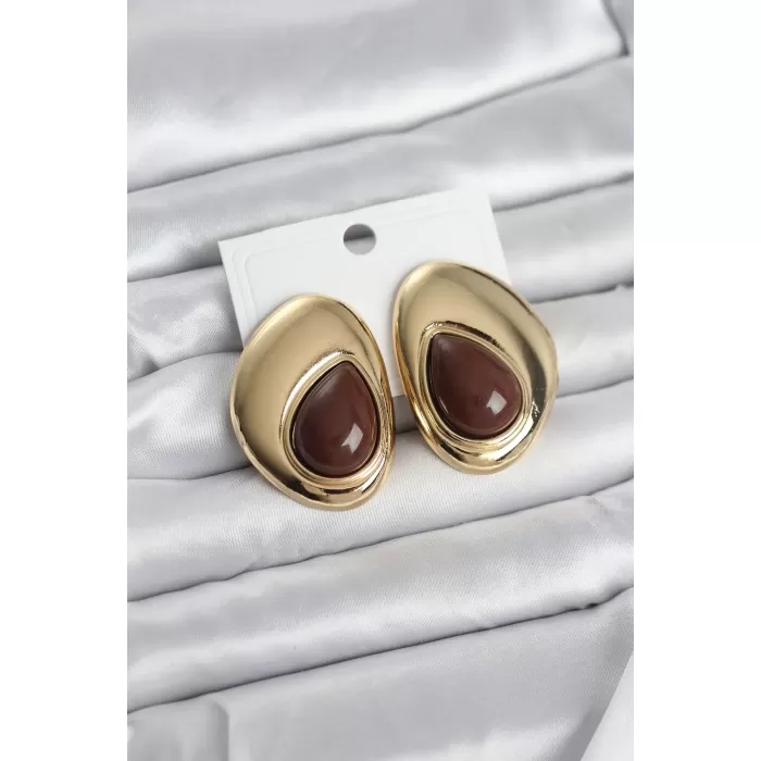 Pirinç Gold Renk Kahverengi Taşlı Damla Model Vintage Kadın Küpe