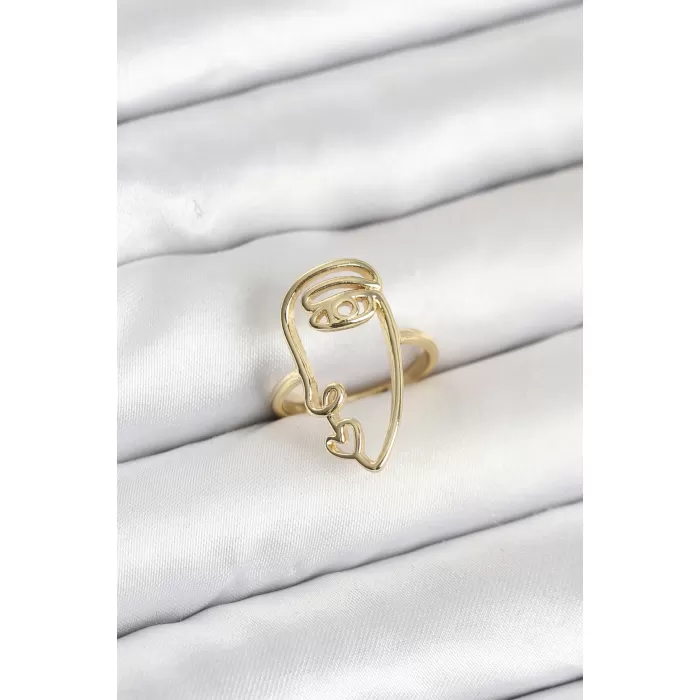 Pirinç Gold Renk Picasso Tarzı Tek Çizgi Yüz Model Kadın Yüzük