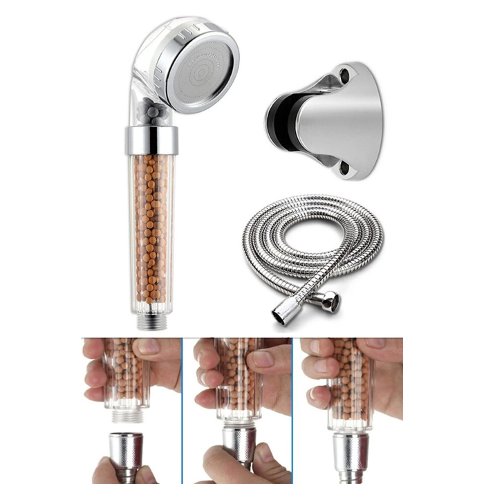 Filtreli Ve Su Tasarruflu Arıtmalı Duş Başlığı Seti Boncuklu Başlık Hortum Ve Mafsal Set -