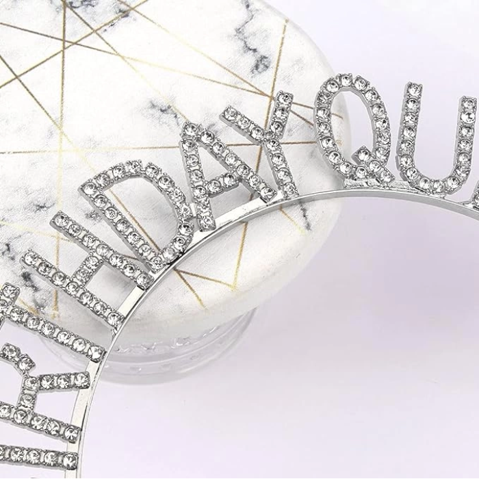 Gümüş Renk Kristal Taşlı Parlak Birthday Queen Yazılı Kraliçe Taç 16x17 Cm -