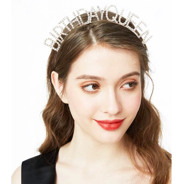 Gümüş Renk Kristal Taşlı Parlak Birthday Queen Yazılı Kraliçe Taç 16x17 Cm -