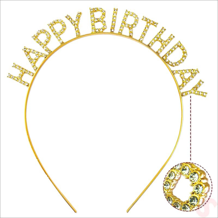 Altın Gold Renk Kristal Taşlı Parlak Happy Birthday Taç 16x17 Cm -