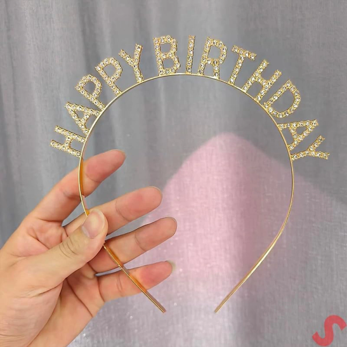 Altın Gold Renk Kristal Taşlı Parlak Happy Birthday Taç 16x17 Cm -
