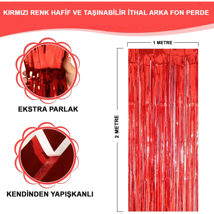Kırmızı Renk Ekstra Metalize Parlak Saçaklı Arka Fon Perde İthal A Kalite 1x2 Metre -
