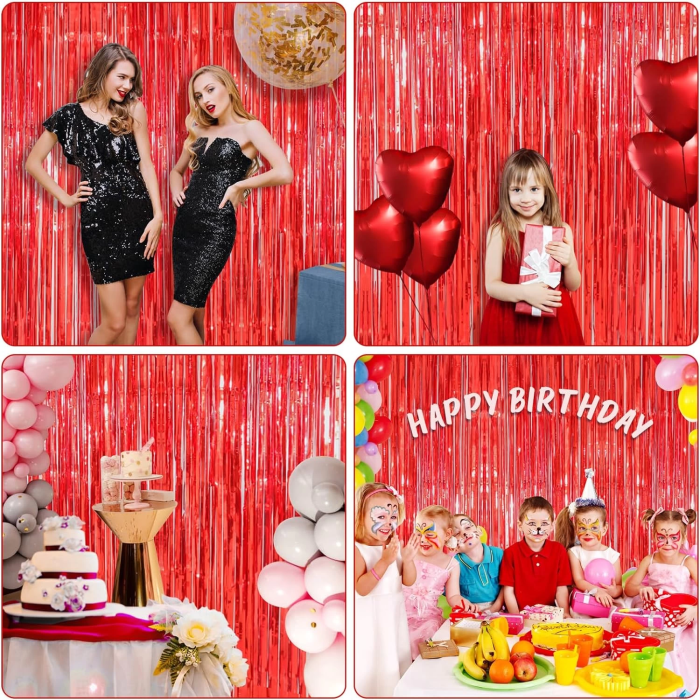 Kırmızı Renk Ekstra Metalize Parlak Saçaklı Arka Fon Perde İthal A Kalite 1x2 Metre -