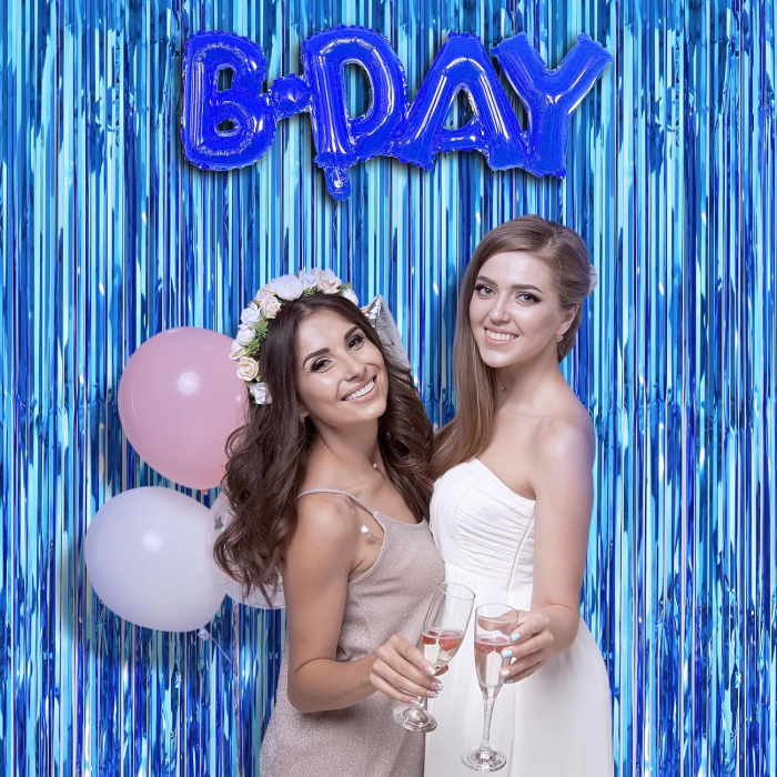 Mavi Renk Ekstra Metalize Parlak Saçaklı Arka Fon Perde İthal A Kalite 1x2 Metre -