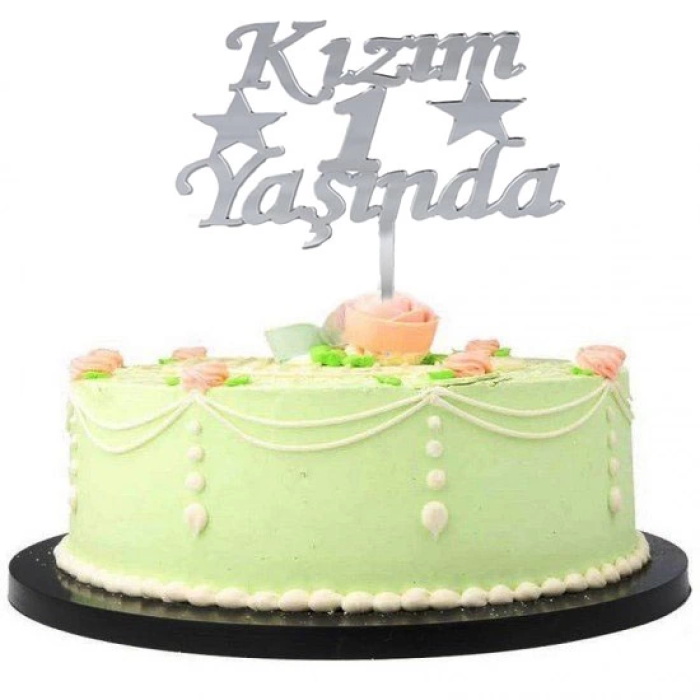 Kızım 1 Yaşında İlk Yaş Doğum Günü Partisi Pleksi Pasta Süsü Gümüş Renk -