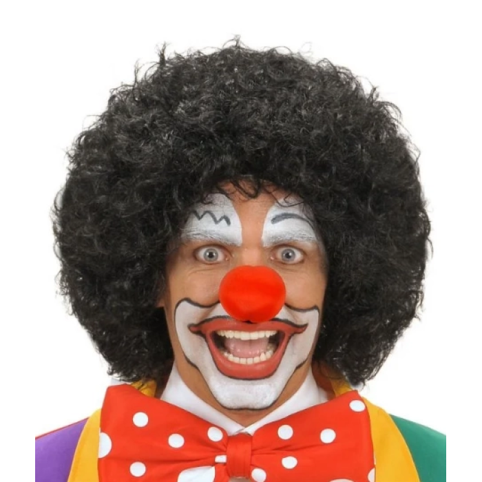 Siyah Renk Kıvırcık Afro Bonus Peruk Saç Ve Kırmızı Sünger Burun Seti -