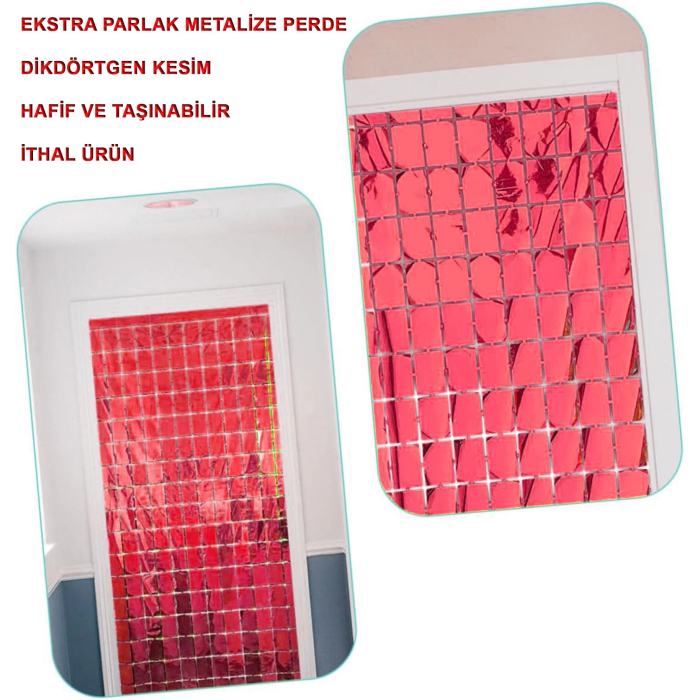 Ekstra Metalize Kırmızı Renk Disko Dikdörtgen Kesim Kapı Perdesi Dekorasyon 1x2 Metre -