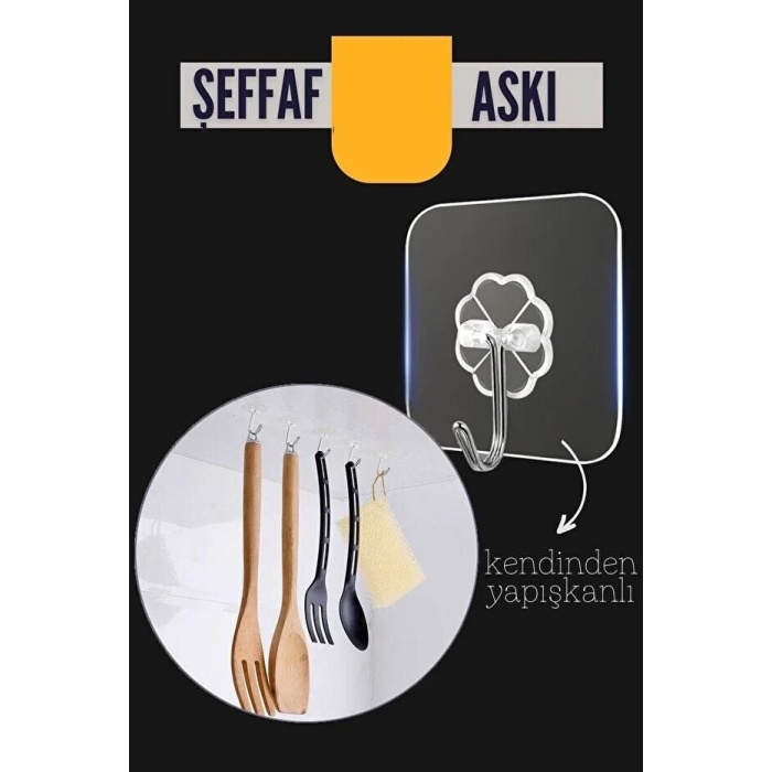 Şeffaf Yapışkanlı Askı, Mutfak Banyo Duvar Askısı, Çivisiz Pratik Kanca Seti -