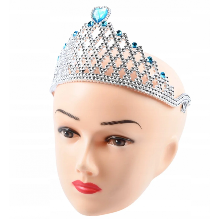 Mavi Kalpli Gümüş Renk Kraliçe Tacı Prenses Tacı -