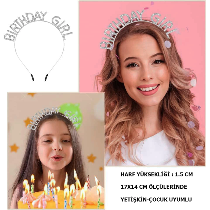 Kristal Taşlı Gümüş Birthday Girl Yazılı Doğum Günü Parti Tacı 19x11 Cm -