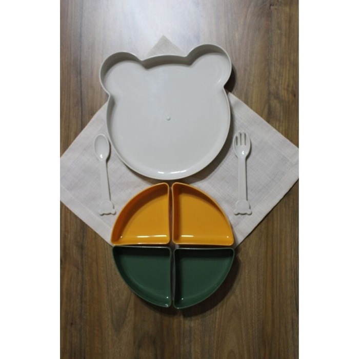 Tabldot Mama Tabağı Çıkarılabilir Kaseli -Tepsili 4 Bölmeli Çatal Kaşıklı Ayıcık Beslenme Kabı -