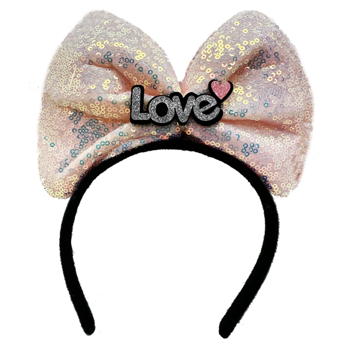 Led Işıklı 3 Farklı Fonksiyonda Yanan Gümüş Love Yazılı Toz Pembe Fiyonk Taç 20x17 Cm -