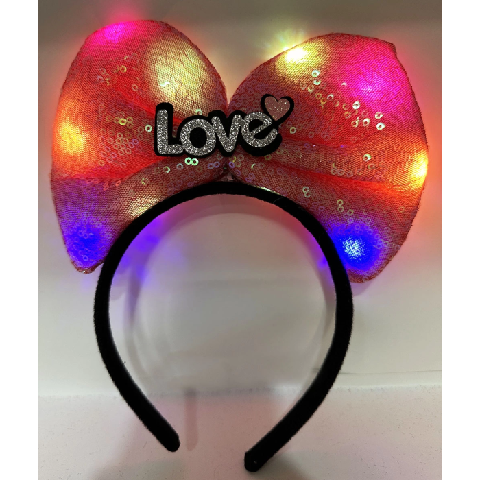 Led Işıklı 3 Farklı Fonksiyonda Yanan Gümüş Love Yazılı Fuşya Pembe Fiyonk Taç 20x17 Cm -