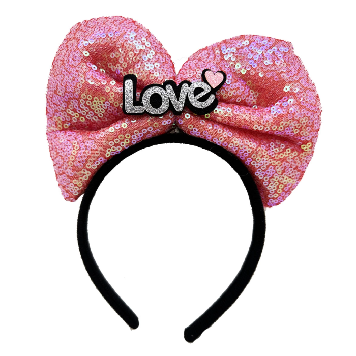 Led Işıklı 3 Farklı Fonksiyonda Yanan Gümüş Love Yazılı Fuşya Pembe Fiyonk Taç 20x17 Cm -