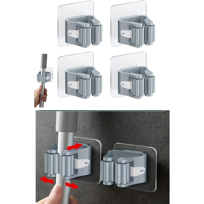 4 Lü Kelebek Yapışkanlı Mop Fırça Çekpas Sap Tutucu Organizer Banyo Düzenleyici -