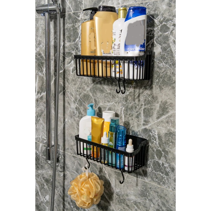2 Li Plastik Yapışkanlı Askılı Mutfak- Banyo Rafı Düzenleyici Duş Şampuanlık -