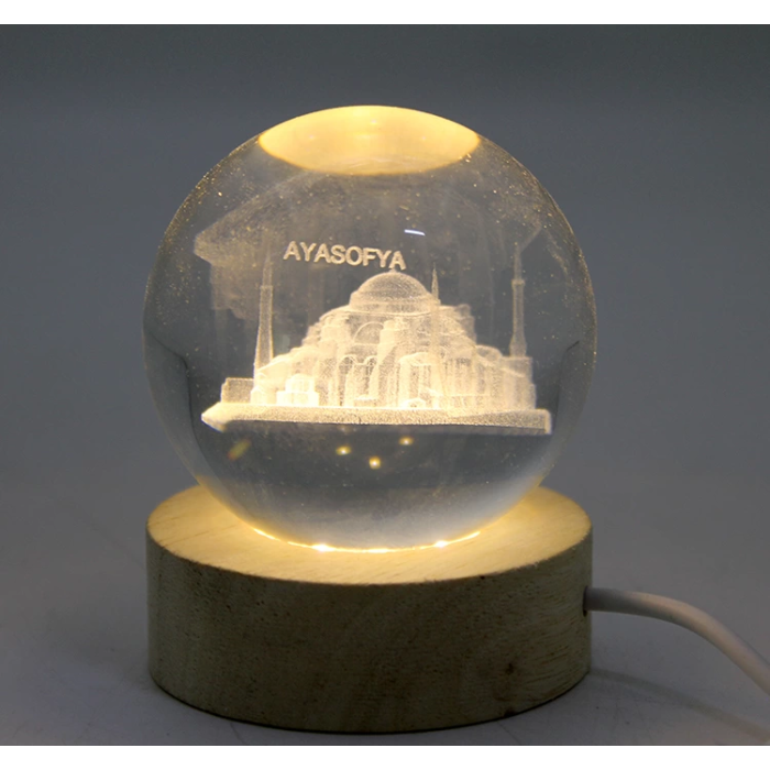 3d Kristal Cam Küre Ahşap Soketli İstanbul Temalı Led Lamba Alk2573 -