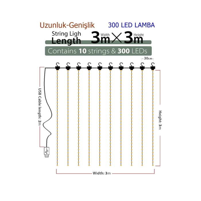 8 Fonksiyonlu Peri Perde Led Uzaktan Kumandalı Günışığı Perde Peri Led -