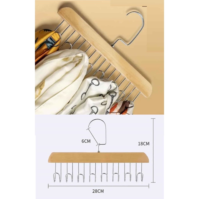 8 Kancalı Askı Çok Fonksiyonlu Ahşap Kemer Kravat Eşarp Dolap Askısı -