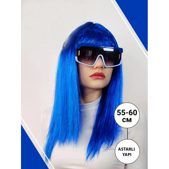 Mavi Renk Uzun Parti Peruğu -