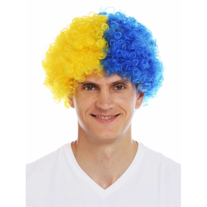 Sarı Lacivert Kıvırcık Afro Bonus Peruk Taraftar Bonus Saç -