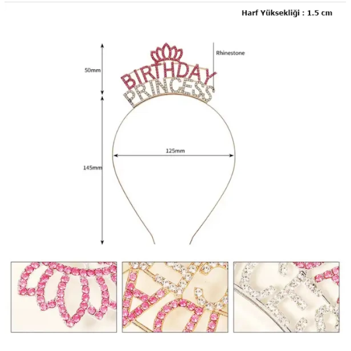 Kristal Taşlı Pembe Birthday Princess Yazılı Parti Tacı 19x11 Cm -