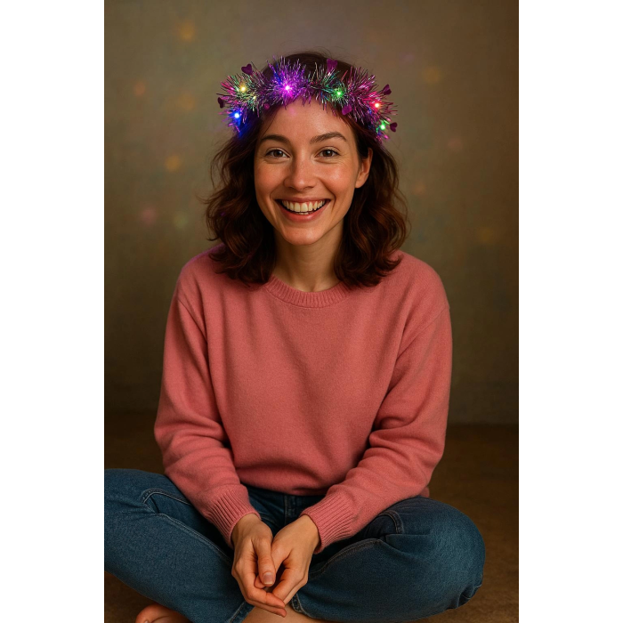 Kalp Püsküllü Gece Parıltısı 3 Modlu Led39li Işıklı Taç Fuşya Renk -