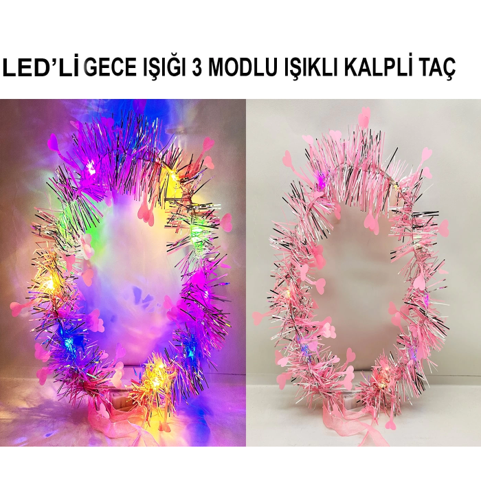 Kalp Püsküllü Gece Parıltısı 3 Modlu Led39li Işıklı Taç Pembe Renk -