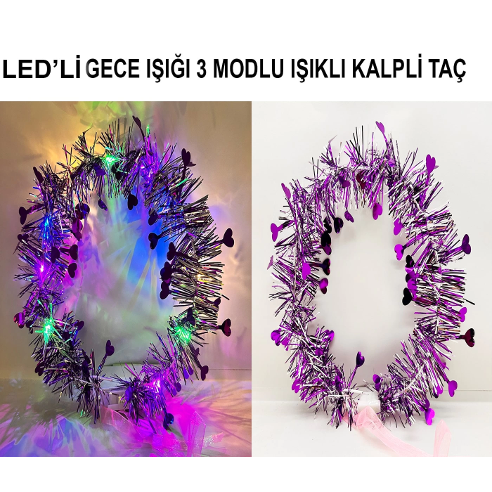 Kalp Püsküllü Gece Parıltısı 3 Modlu Led39li Işıklı Taç Mor Renk -