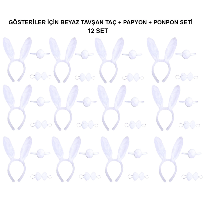 Beyaz Tavşan Kostüm Seti – Taç, Papyon, Kuyruk -
