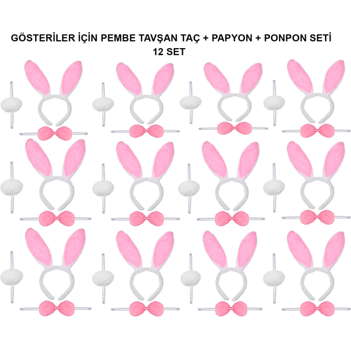 Pembe Tavşan Kostüm Seti – Taç, Papyon, Ponpon -