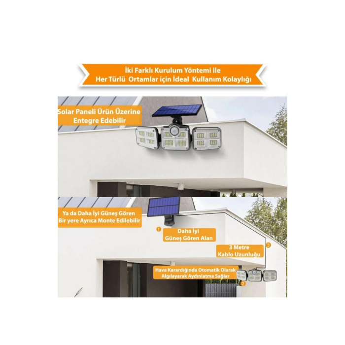 Kumandalı Solar Güneş Enerjili 122 Ledli Hareket Sensörlü Bahçe Aydınlatma Sokak Lambası -