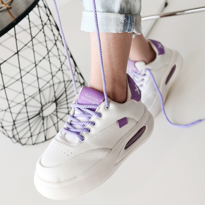 Chris Beyaz Cilt Lila Detaylı Bağcıklı Spor Ayakkabı -