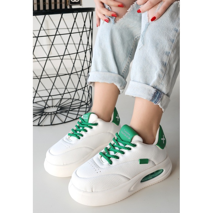 Chris Beyaz Cilt Yeşil Detaylı Bağcıklı Spor Ayakkabı -