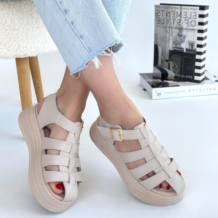 Toten Bej Cilt Kemerli Sandalet -