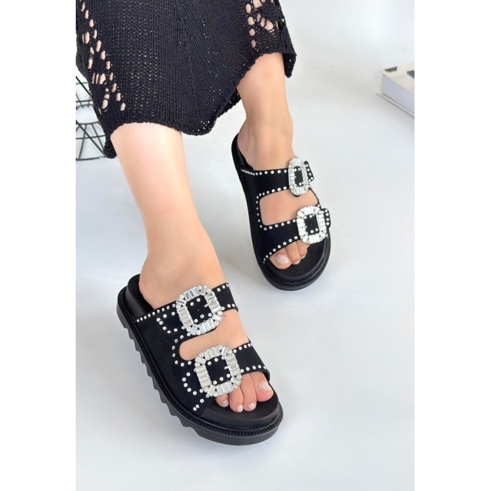 Juana Siyah Nubuk Taşlı Terlik -